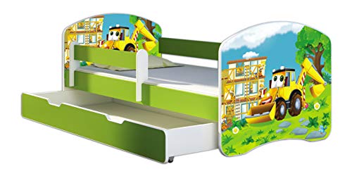 ACMA Kinderbett Jugendbett mit Einer Schublade und Matratze Grün mit Rausfallschutz Lattenrost II 140x70 160x80 180x80 (20 Bagger, 180x80 + Bettkasten)