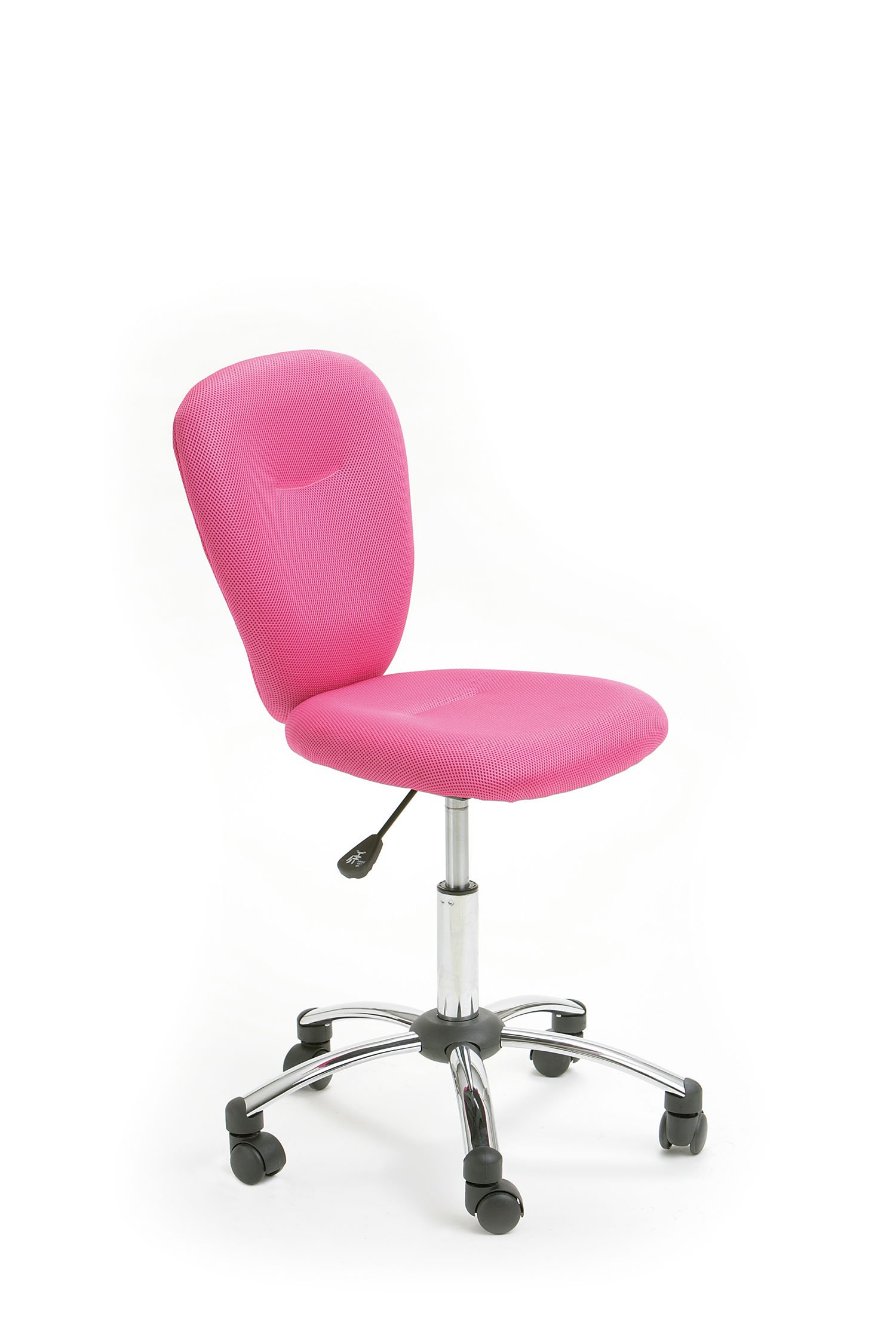 Stuhl aus Metall und rosa gepolstertem Stoff mit Kunststoffrädern