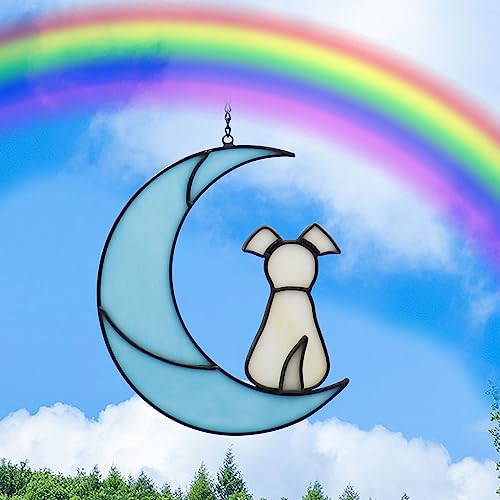 Buntglas Haustier Hund Gedenkgeschenke, weißer Hund auf blauem Mond, Fensterbehänge, Ornament, Haustierverlustgeschenke, ästhetische Hundekunst, Dekoration für Zuhause, Büro, Garten