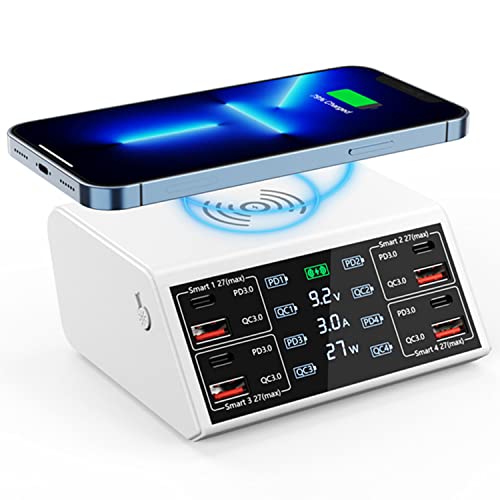 Multi USB Ladestation 100W Mehrere Geräte Ladegerät mit LED Bildschirm Kabelloses Schnell Induktives Ladegerät 8 Ports mit 18W QC3.0 USB und 27W PD-Schnellladungsport für iPhone iPad Samung