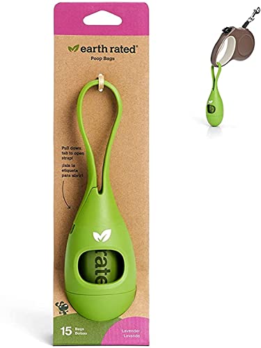 Earth Rated Kotbeutelspender mit Silikonband und Boden, inklusive 1 Rolle mit 15 Lavendelduft, Hundekotbeutelhalter für die Leine