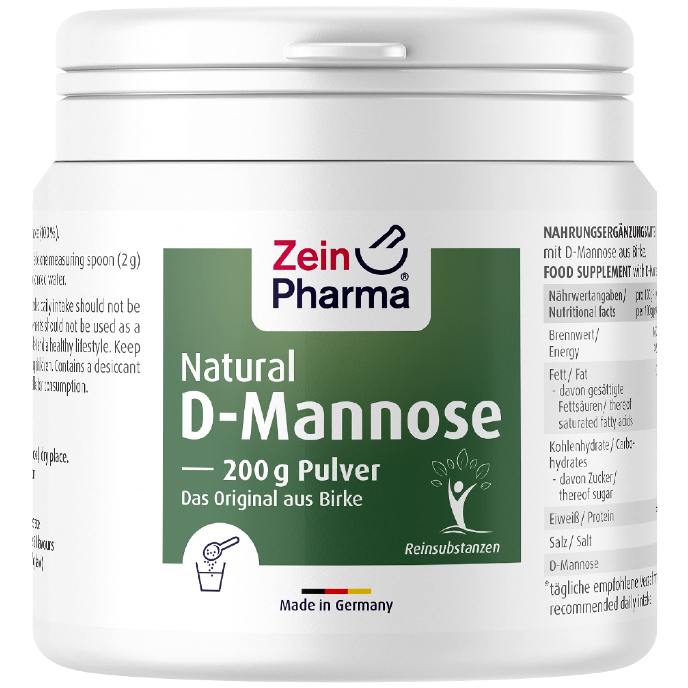 ZeinPharma Natural D-Mannose Pulver 200 g - D-Mannose Pulver aus Birke, rein und ohne Zusätze, optimal dosiert, Nahrungsergänzungsmittel vegan,