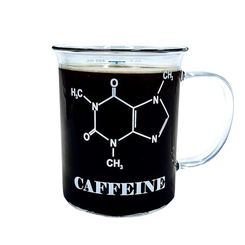 Chemie Tasse, Kaffeetasse mit Koffein Motiv, Glas Teetasse in Messbecher Optik, Kaffeebecher mit chemischer Formel, Glasbecher, Kaffeetassen, Kaffeeglas, Teeglas, Chemie Geschenk, Kaffee Tassen, 400ml