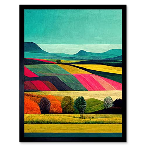 Wee Blue Coo Colourful Bright Countryside Fields Landscape Painting Art Print Framed Poster Wall Decor 12x16 inch