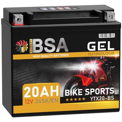 BSA YTX20-BS GEL Roller Batterie 12V 20Ah 345A/EN Motorradbatterie doppelte Lebensdauer entspricht 51822 CTX20-BS GTX20-BS vorgeladen auslaufsicher wartungsfrei