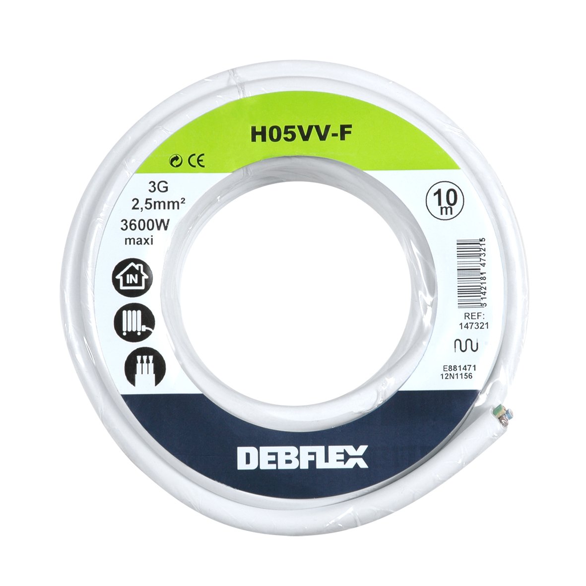 Debflex 147321 Spule, Kunststoffmantelleitung HO5VV-F 3G2,5, 10 m, weiß