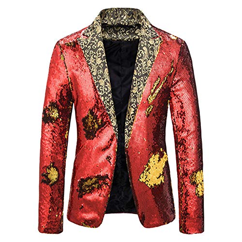 DaiHan Herren Sakko Blazer Anzugjacke Freizeit Pailletten Glitter Smokingjacke Anzug Jacke Karneval Kostüm für Hochzeit Party Festlich rot XL