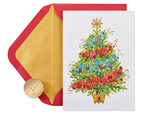 Papyrus Weihnachtskarten in Box, glitzernder Weihnachtsbaum, mit Feiertagsverzierungen, 12 Stück
