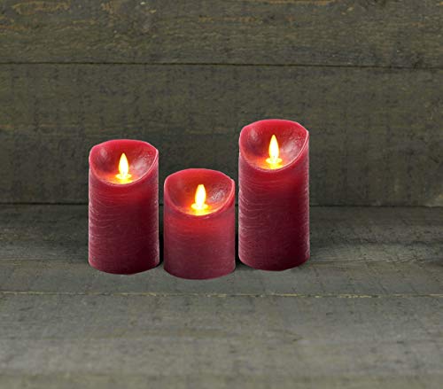 Coen Bakker 3er Set Kerze LED Echtwachskerze 10 cm + 12,5 cm + 15 cm Kerze Ø 7,5 cm viele Farben mit Timer flackender Docht Wachskerze Kerzen, Farbe:Weinrot