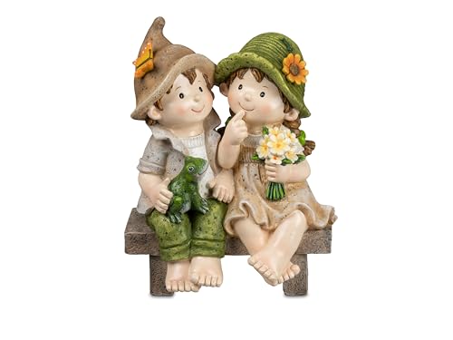 Small-Preis Deko-Figuren Sommerkinder Max und Lisa sitzend auf Bank Gartenkinder mit Blumen Frühjahrsdeko Sommerdeko für Innen und Außen 28x18cm groß 219