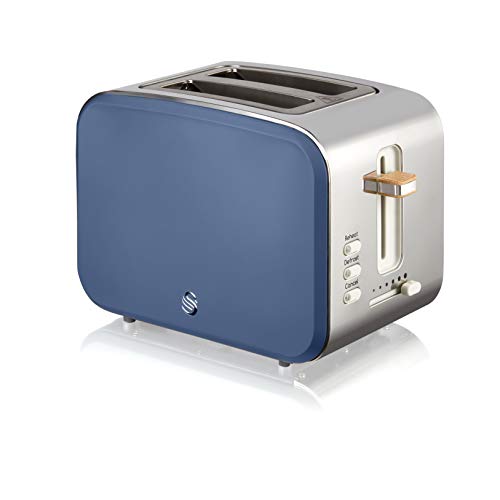 Swan Nordic Breitschlitz-Toaster für 2 Scheiben, 3 Funktionen, 6 Bräunungsstufen, modernes Design, Edelstahl, Griff in Holzoptik, Blau matt