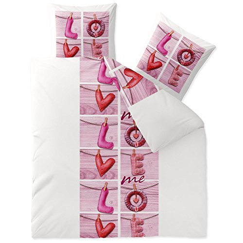 CelinaTex Touchme Bettwäsche 200 x 220 cm 3teilig Baumwolle Bettbezug Biber Loana Wörter weiß pink rosa