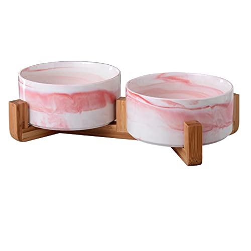 Futternäpfe für Hunde und Katzen aus Keramik mit Halterungen aus Bambus, erhöhte Schüsseln aus Keramik mit Holzhaltern (doppelte 15,5 cm, rosa Marmor)