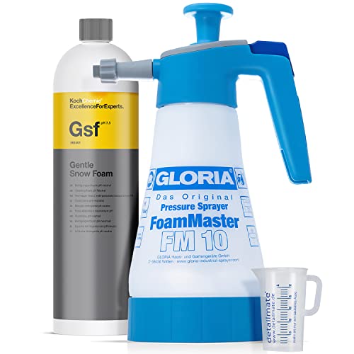 detailmate Vorwäsche Set: Gloria FM10 Schaumsprüher Foam Master 1L + Koch Chemie Gentle Snow Foam 1L + 50 ml Messbecher