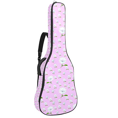 Gitarrentasche mit Reißverschluss, wasserdicht, weich, für Bassgitarre, Akustik- und klassische Folk-Gitarre, kleine weiße Blumen, rosa Hintergrund