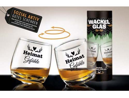 HandWerk Gilde 2er Set Wackelglas Heimatgefühle mit Geweih Trinkglas Whiskyglas