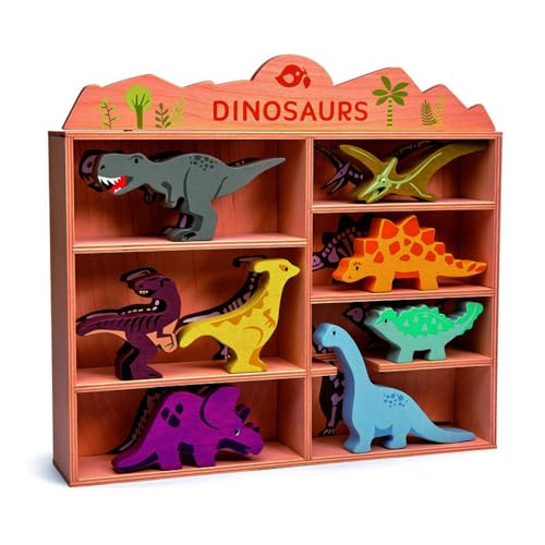 Tender Leaf Toys Holzregal mit Dinosaurier-Motiv, Tyrannosaurus Rex, Velociraptor, Parasaurolophus, Triceratops, Pterodaktyl, Stegosaurus, Ankylosaurus und Brontosaurus Spielzeug