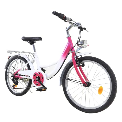Lightakai 20 Zoll Kinderfahrrad, 6 Gang Jugendfahrrad Kinderfahrrad Mädchen Fahrrad rosa Kinderrad Citybike mit Lampe für Kinder Geeignet von 110 cm bis 140 cm