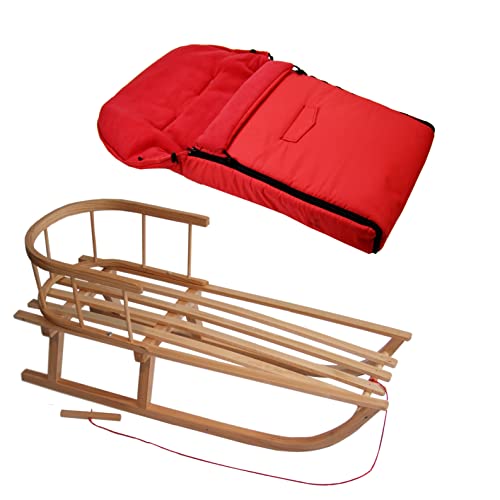 Kombi-Angebot Holz-Schlitten mit Rückenlehne & Zugseil + universaler Winterfußsack (90cm), auch geeignet für Babyschale, Kinderwagen, Buggy, Thermofleece Uni (rot + Schlitten)
