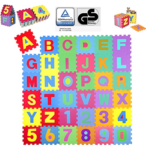 KIDUKU® 86 teilige Puzzlematte TÜV Rheinland Zertifiziert Kinderspielteppich Spielmatte Spielteppich Schaumstoffmatte Kinderteppich, Zahlen und Buchstaben, Maß je Matte ca. 31,5 x 31,5 cm
