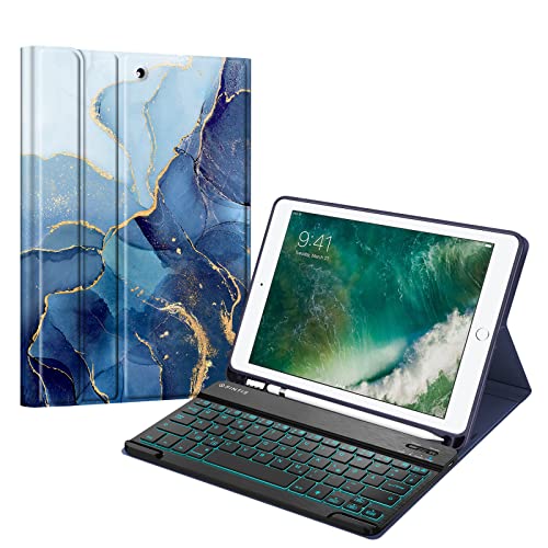 Fintie beleuchtete Tastatur Hülle für iPad 9.7 Zoll 2018/2017 - Soft TPU Rückseite Gehäuse mit Pencil Halter, magnetisch Abnehmbarer QWERTZ Tastatur mit Hintergrundbeleuchtung, Marmor Blau