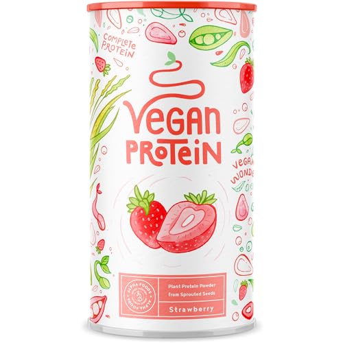 Vegan Protein - ERDBEERE - Pflanzliches Proteinpulver aus gesprossten Reis, Erbsen, Chia-Samen, Leinsamen, Amaranth, Sonnenblumen- und Kürbiskernen - 600 Gramm Pulver
