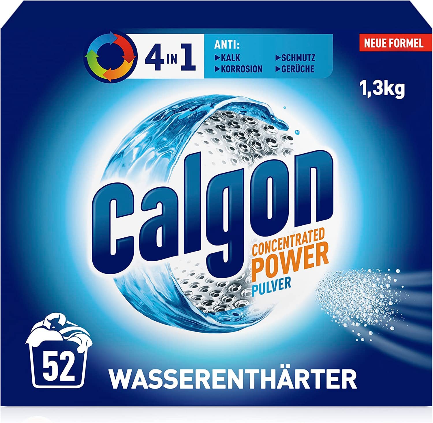 Calgon 4-in-1 Power Pulver – Wasserenthärter gegen Kalkablagerungen, Schmutz und Korrosion in der Waschmaschine – Beugt unangenehmen Gerüchen vor – 4 x 1,3 kg