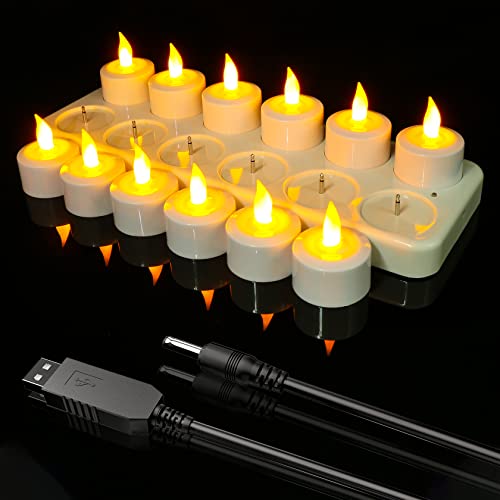 USB Wiederaufladbare Kerzen, Ymenow 12 Stück Flammenlose Wiederaufladbare LED Teelichter Batteriebetriebene Kerzen mit Ladestation, USB Ladekabel für Zuhause Halloween Weihnachten Hochzeit Dekoration