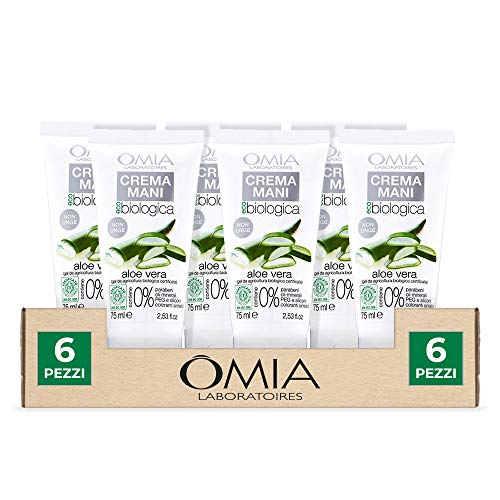 Omia, Ecobio Aloe Vera Handcreme, pflegende und schützende Creme für trockene und empfindliche Hände - Dermatologisch getestet, ohne SLES und PEG, 6 Stück à 75 ml