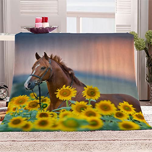 WALLDOR 3D Sonnenblume Kuscheldecke Kinder 130x150 cm Waschbar Microfaser Flanell Decke mit Muster Pferd Wohndecke Weiche Warme Fleecedecke Sommer Sofadecke Couchdecke