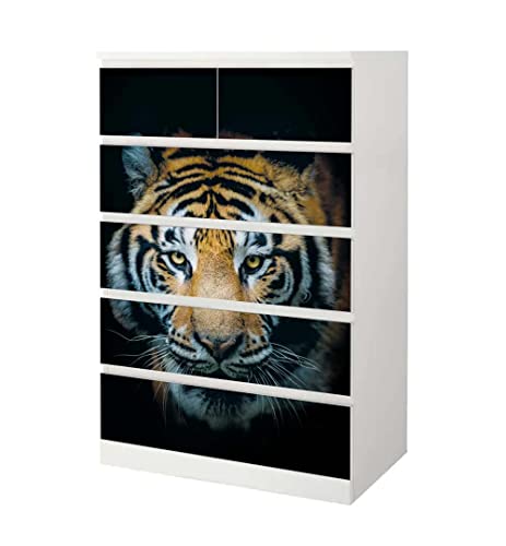 MyMaxxi | Klebefolie Möbel kompatibel mit IKEA Malm Kommode 6 Schubladen hoch | Motiv Tiger Hunter Cat | Möbelfolie selbstklebend | Dekofolie Tattoo Aufkleber Folie für Wohnzimmer