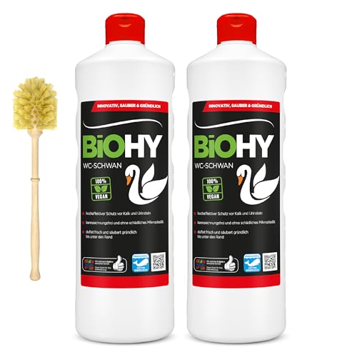 BiOHY WC-Schwan (2x750ml Flasche) + WC-Bürste | Glanz-Kraft-Gel für hygienische Sauberkeit bis unter den Rand | angenehmer, langanhaltender Frische-Duft | Beugt Kalk und Urinstein vor