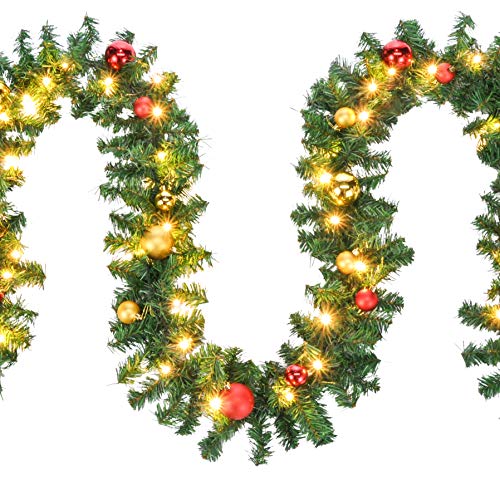 HI Tannengirlande aussen 5m - Grüne Girlande mit Lichterkette (80x LED), 5 Meter Girlande mit Licht und Kugeln als Weihnachtsdeko aussen