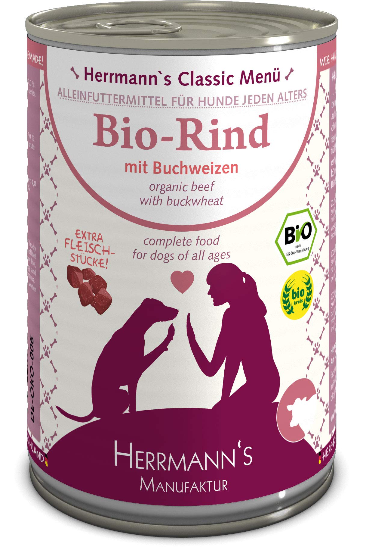 Herrmanns Bio Hundefutter Rind Menu 1 mit Buchweizen, Apfel, Birne 400 g, 12er Pack (12 x 400 g)