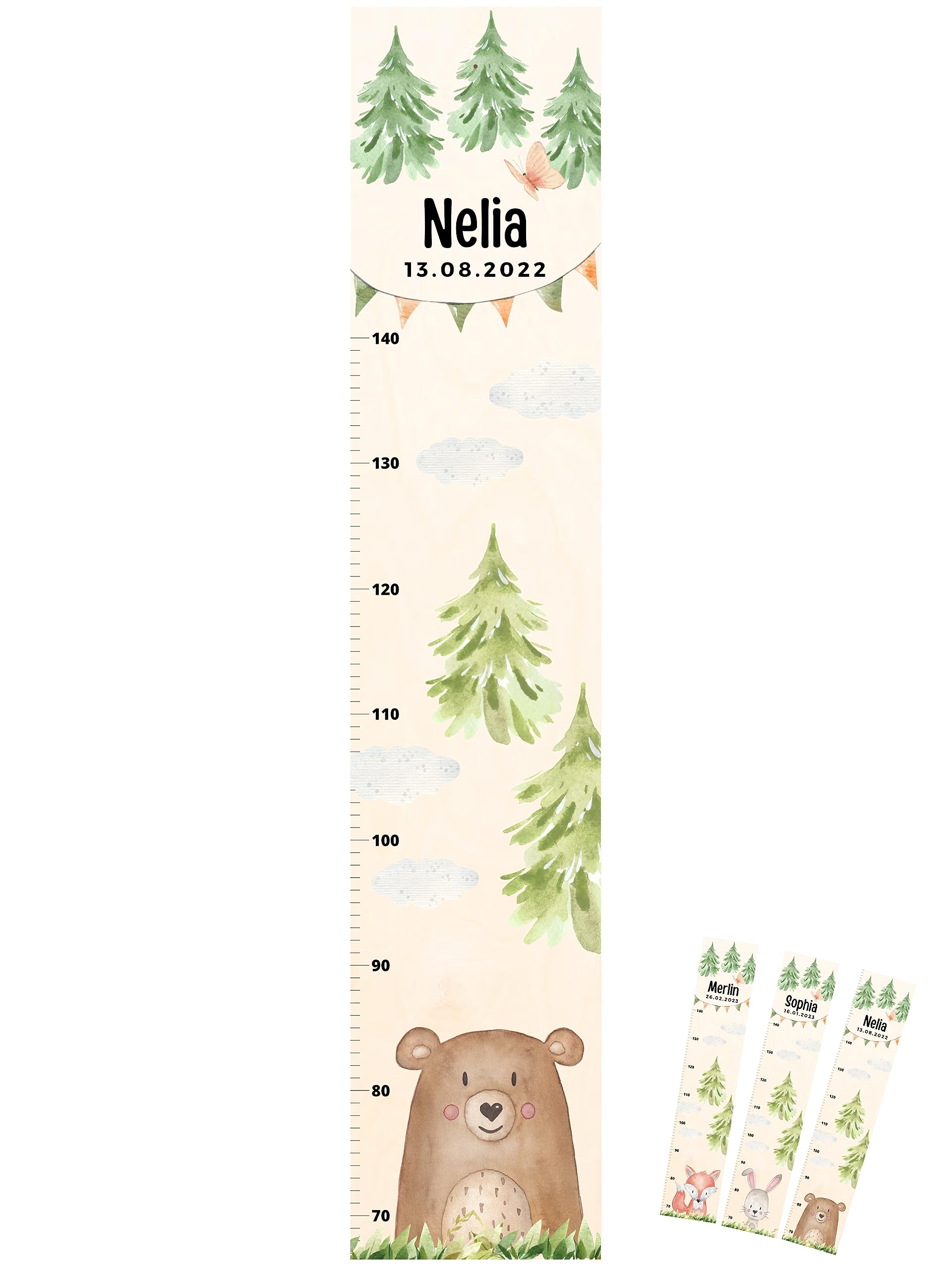 wunderwunsch - Personalisierte Messlatte Kind Holz zum Kleben oder Aufhängen - Skala 70-140cm - Süße Dekoration für Baby- & Kleinkinderzimmer (Tiere Wald) (Kinder 70-140cm, Bär)