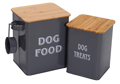 Pethiy Hundefutter und Hundeleckerlis Behälter,Futtertonne mit Schaufel,Eng anliegende Holzdeckel,beschichteter Kohlenstoffstahl,Aufbewahrungsbehälter Dosen,vorratsbehälter für hundefutter-Grau