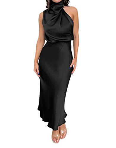 HENGNICE 2023 Frühjahr und Sommer neue High-End-Satin ärmelloses Kleid Europäische und amerikanische Mode elegantes Promi-Licht-Abendkleid (Color : Nero, Size : XL)