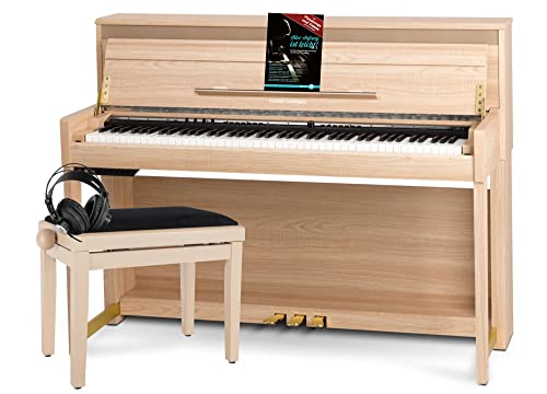 Classic Cantabile UP-1 LA E-Piano Deluxe Set - inklusive Pianobank, Kopfhörer und Klavierschule - Dämpfersimulation - MP3-Recorder - Mic In - OLED Display - 40 Sounds - 3 Pedale - helle Eiche