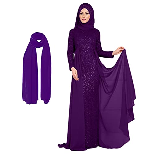 enheng Damen muslimisches Kleid Maxi Kaftan Abaya Kleid islamisches Jilbab Dubai Kleid Langarm ethnischer Stil Gebetskleidung Hijab, B-lila, M