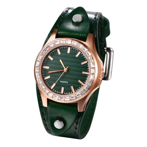 Lancardo Vintage-Lederarmbanduhr: analoge Quarz-Strass-Lünette, weiche grüne Manschette, Armbanduhr für Damen, Valentinstag