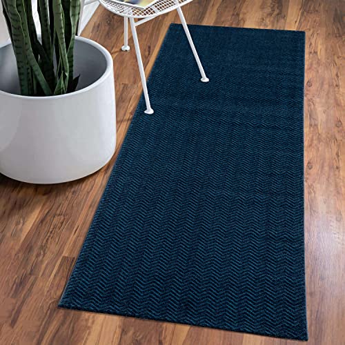Teppich Einfarbig Blau Flur - Kleiner Läufer 80x150 cm - Hochtief-Chevron-Muster, 3D-Effekt - Kurzflor Teppiche Modern - Deko Home&Living