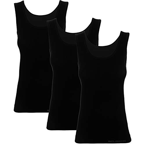 BRUBECK 3er Pack schwarzes Tanktop Damen | T-Shirt ärmellos schwarz | Oberteil atmungsaktiv ohne Arm | Tank Top Cotton | Achselhemd nahtlos | 55% Baumwolle | Gr. XL, Black | TA00510A