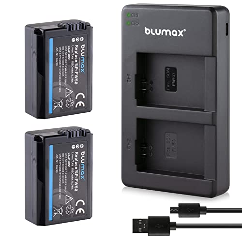 Blumax 2 x Akku ersetzt Sony NP-FW50 | 1080mAh + Slim Dual-Ladegerät | kompatibel Sony Alpha7 / 7ii / 7RM2 / 7M2 / 7R2 / 6500/6300 / 6000/5100 NEX-7-6 -F3-3 -5 5N 5T SLT A55V A33 A35 A37