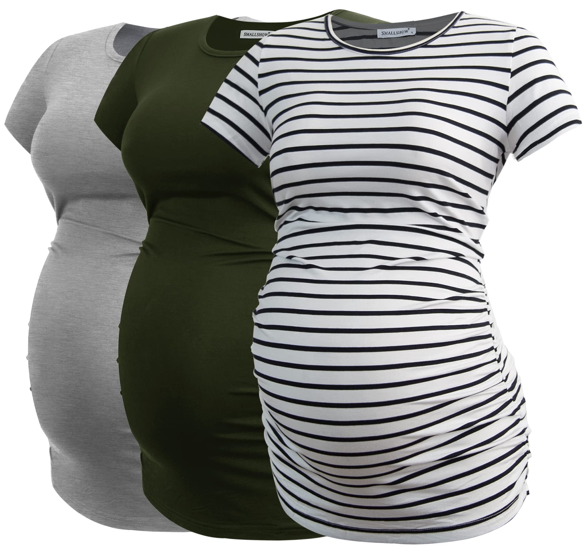Smallshow Damen Umstandsmode Tops Seitlich Geraffte Schwangerschafts Umstandstop 3er Pack Army Green-Light Grey-White Stripe Small