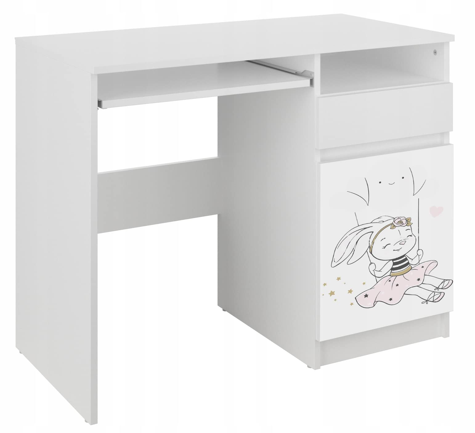 iGLOBAL Kinderschreibtisch Schreibtisch mit Tastaturauszug und praktischen Schublade und Schrank mit 2 Einlegeböden, Computertisch für Junge und Mädchen (Rabbit)
