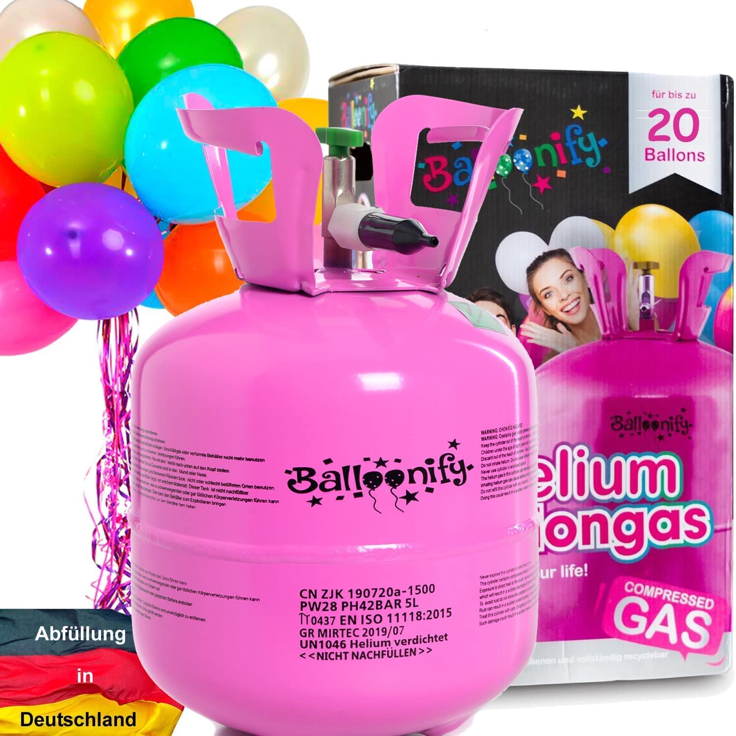 BALLONGAS FÜR 20 LUFTBALLONS + 25 BALLONS + FÜLLVENTIL | Helium Einweg Flasche Luftballon Folienballon Deko Geburtstag Party Hochzeit