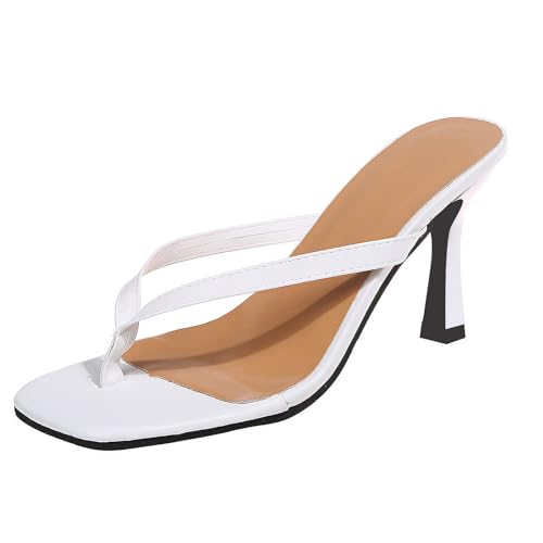 Tabiekacl Damen Flip Flop Sandalen Kitten Heels Quadratische Sandalen mit Offener Zehenpartie Stiletto-Absätze(Weiß-Women,42)