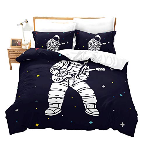 Loussiesd Kinder Bettwäsche Set 3D Cartoon Bettbezug Set für Jungen Mädchen Astronaut Gitarre Sterne Microfaser Betten Set inkl.1 Bettbezug 135x200 cm und 1 Kissenbezüge 80x80 cm