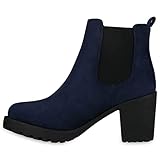 Stylische Damen Boots Stiefeletten Chelsea Boots Knöchelhohe Stiefel Zipper Leder-Optik Booties Schuhe 110404 Marine Blau 36 Flandell