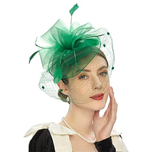 Fascinator Hüte für Frauen Braut Kopfschmuck Haarschmuck Schleier Haarspangen Jockey Mesh Hut Haarbänder (Color : Green, Size : One size)